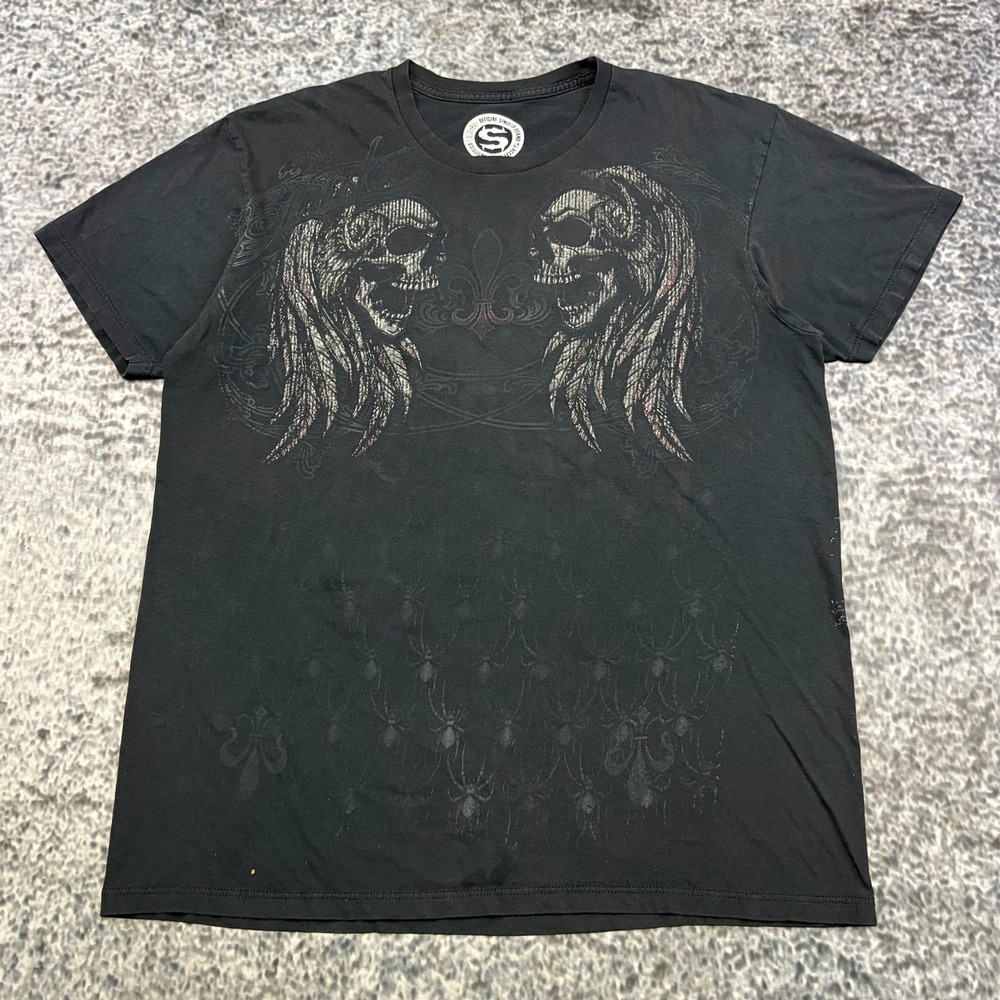 Y2K Sinister T Shirt Mens XL Black kull Cross Cyber Grunge Goth Tribal Skater